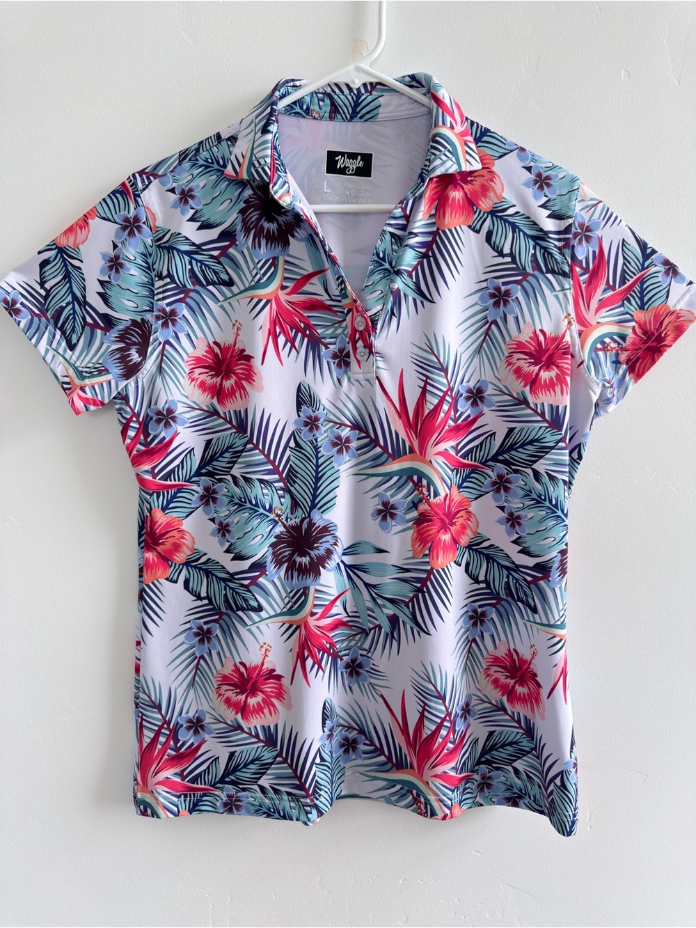 Waggle Women’s Golf Performance Polo Shirt Size Large Tropical Floral Stretch